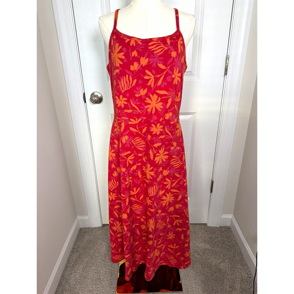 Pact Women's XL Fit & Flare Cotton Midi Dress Red Orange Sundress Vacation
